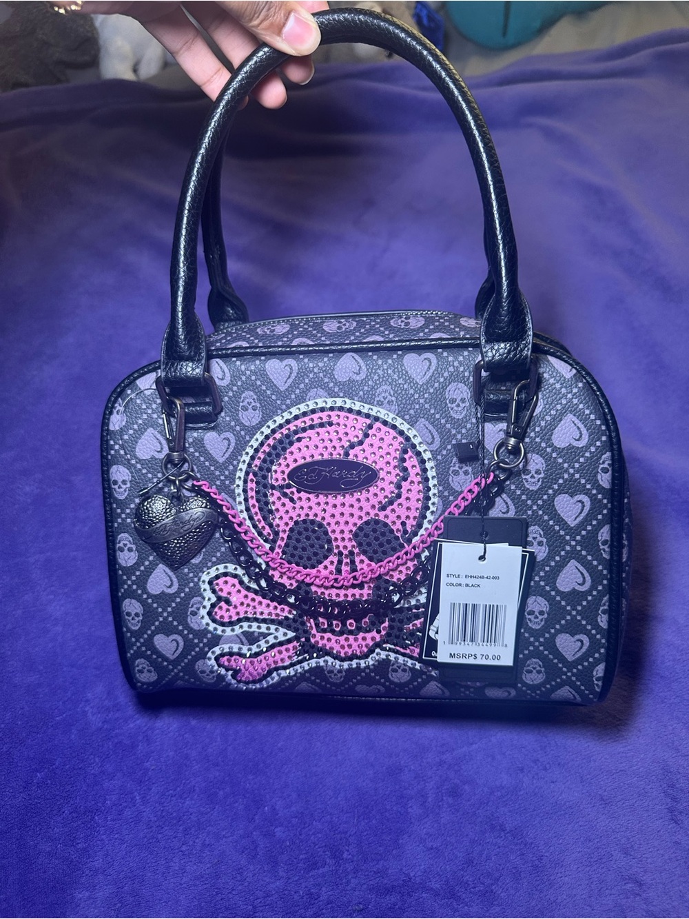 Ed Hardy Skull & Hearts Studded Dome Satchel - Black with Pink Accent